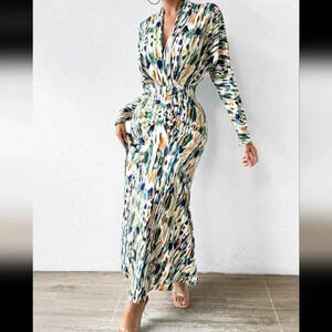 Allover Print Batwing Sleeve Ruched Asymmetrical Hem Dress